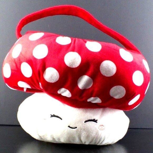 Plush Mushroom Shaped Handbag With Red & White Polka Dot Cap And Smiling Face - Picture 1 of 4
